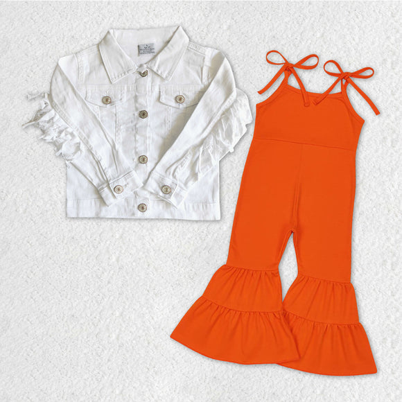 Tassels White Denim Jacket Solid Orange Jumpsuit Girls Long Sleeve+Trousers Sets
