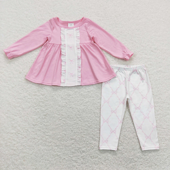 Bows Pink White Girls Long Sleeve+Trousers Sets