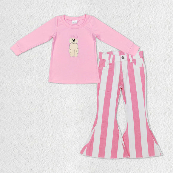 Bow Dog Pink Stripe Denim Girls Long Sleeve+Trousers Sets