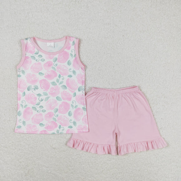 Pink Floral White Girls Shorts Sets