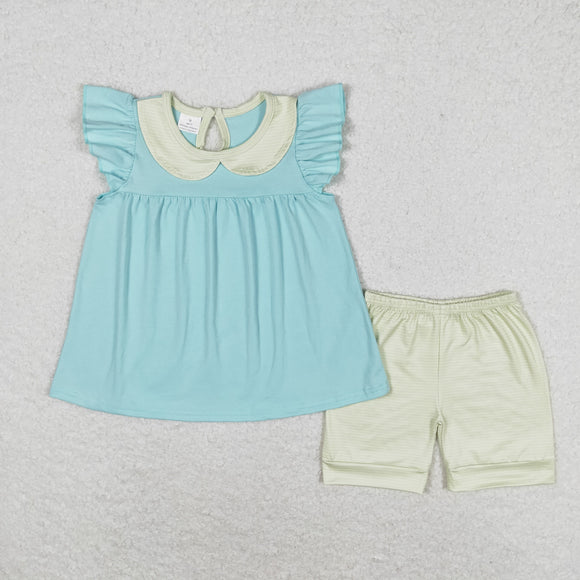 Solid Green Stripe Doll Collar Bluish Girls Shorts Sets