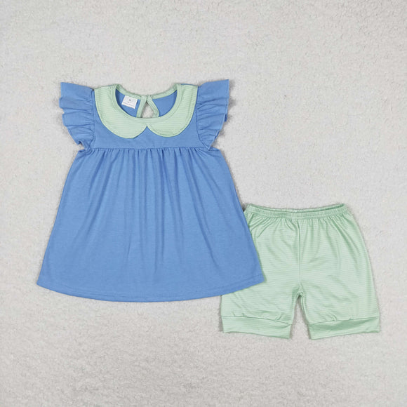 Solid Green Stripe Doll Collar Blue Girls Shorts Sets