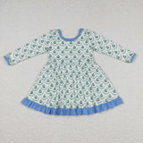 Trees White Blue Ruffles Girls Christmas Dress