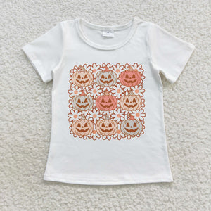 Smile Pumpkin Floral White Girls Halloween Top