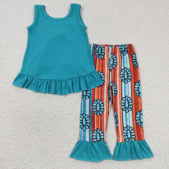 Solid Ruffles Gem Stripe Blue Girls Short Sleeve+Trousers Sets