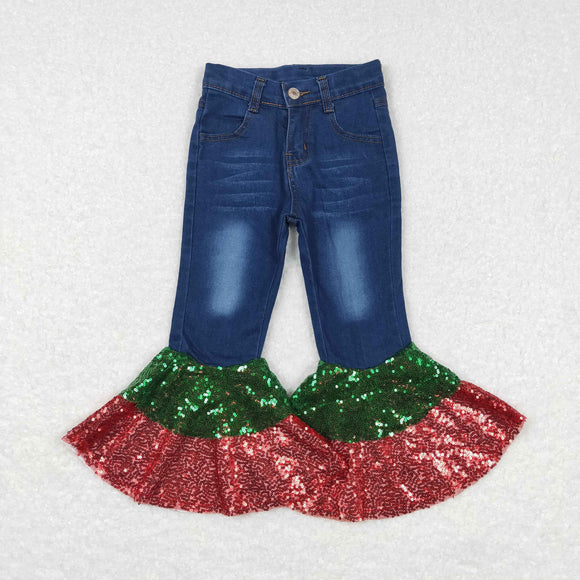 Red Green Sequins Flared Jeans Girls Christmas Pants