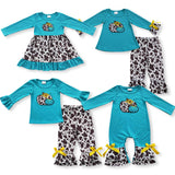 Pumpkin Cowhide Print Blue Girls Long Sleeve+Trousers Sets