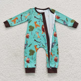 Cartoon Lion Blue Boys Fall Romper