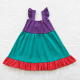 Cartoon Princess Bow Purple Green Red Girls Flutter Sleeve Dress