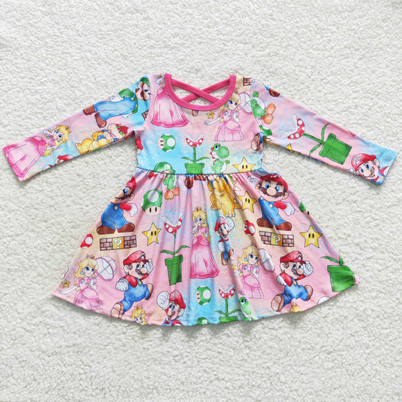 Cartoon Princess Stars Pink Girls Long Sleeve Dress