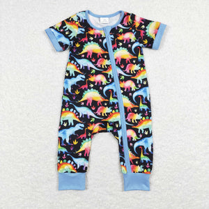Colorful Dinosaur Blue Black Boys Summer Romper
