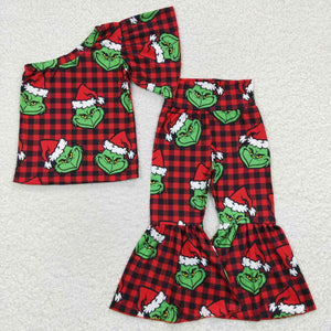 Cartoon Red Black Plaid One Shoulder Girls Christmas Outfits