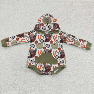 Pumpkin Aztec Highland Cow Hoodie Green Girls Fall Romper