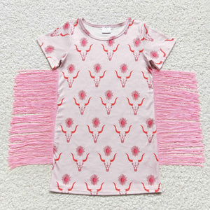 Highland Cow Pink Tassels Girls Short Sleeve Dress
