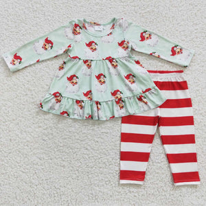 Santa Light Green Red Stripe Legging Girls Christmas Outfits