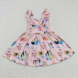 Cartoon Dogs Pink Girls Flutter Sleeve Dress