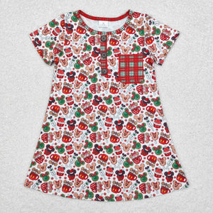 Cartoon Red Plaid Pocket Girls Christmas Dress