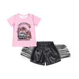 I got a heart like a truck Rodeo Black Leather Tassels Girls Shorts Sets