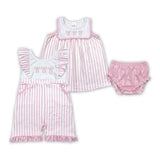 Bow Embroidery Pink Stripe Girls Jumpsuit