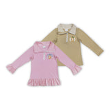 Bow Pumpkin Embroidery Pink Girls Long Sleeve Top