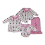 Tree Pink Bow Pattern Plaid Ruffles Girls Christmas Outfits