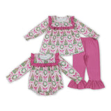 Tree Bow Pattern Hot Pink Ruffles Girls Christmas Romper