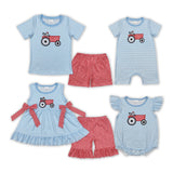 Chick Tractor Stripe Blue Boys Summer Romper