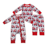 Tractor Heart Red Gray Boys Valentines Romper