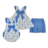 Blue Green Bow Pattern Plaid Girls Shorts Sets
