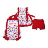 American Honey Bow Pattern Red Ruffles Girls 4th of July Romper