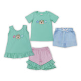 Starfish Shell Castle Embroidery Pink Plaid Green Girls Shorts Sets