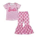 Cartoon Dolls Pink Girls Short Sleeve+Trousers Sets