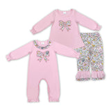 Floral Bow Pattern Pink Girls Long Sleeve+Trousers Sets