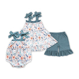 Floral Blue Ruffles Girls Summer Romper