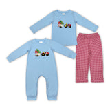 Tree Tractor Blue Boys Christmas Romper