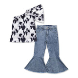 Cowhide Print Light Jeans Girls Short Sleeve+Trousers Sets