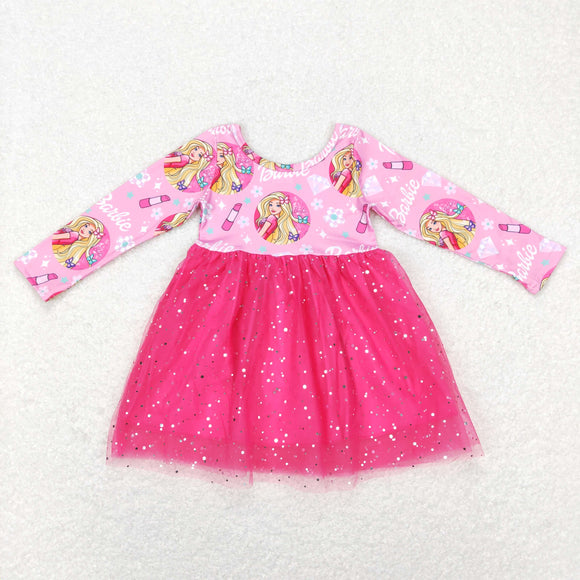 Cartoon Dolls Hot Pink Gauze Girls Long Sleeve Dress