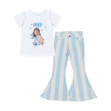 1989 Singer Blue Stripe Denim Girls Short Sleeve+Trousers Sets