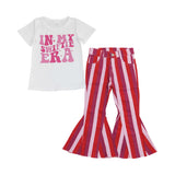 In My Era Singer Pink Red Stripe Denim Girls Short Sleeve+Trousers Sets