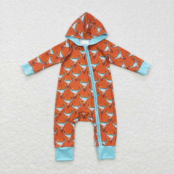 Highland Cow Brown Blue Hoodie Boys Fall Romper