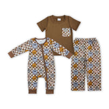 Smile Lightning Plaid Pocket Brown Boys Short Sleeve+Trousers Sets