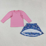 Solid Pink Ruffles Floral Blue Girls Skirts Sets