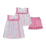 Floral Stripe Pink Ruffles Girls Sleeveless Dress