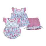 Floral Bow Pattern Blue Plaid Girls Summer Romper