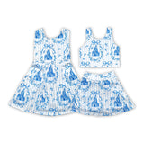 Castle Bow Pattern Blue Stripe Athletic Shorts Girls Skirt Sets