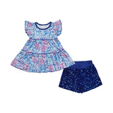 Floral Blue Sequins Girls Shorts Sets
