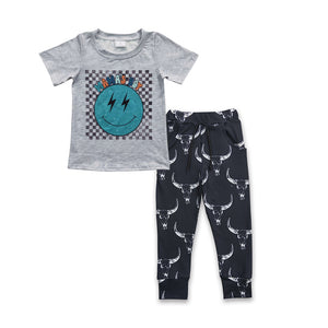 Mama's boy Smile Highland Cow Black Boys Short Sleeve+Trousers Sets