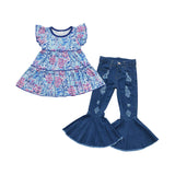 Floral Blue Denim Girls Short Sleeve+Trousers Sets