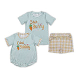 Carrot Cutest Bunny Plaid Bluish Boys Easter Romper