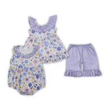 Floral Polka Dots Purple Ruffles Beige Girls Summer Romper